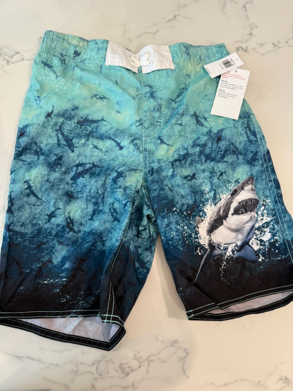 Shark Print Boys' Swim Trunks - Aqua Teal Blue- size 10/12